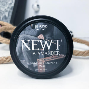 Newt - Wizard World Inspired Soy Candle Scent Notes: Sandalwood + Leather + Musk