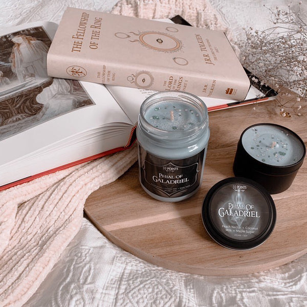 Phial of Galadriel - LOTR Soy Candle Scent Notes: Peach Nectar, Coconut Milk & Maple Sugar