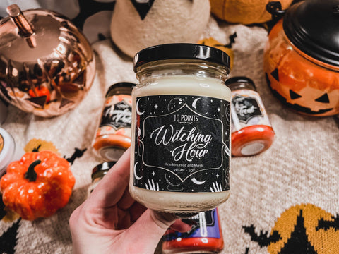 Witching Hour Soy Candle Scent Notes: Frankincense and myrrh
