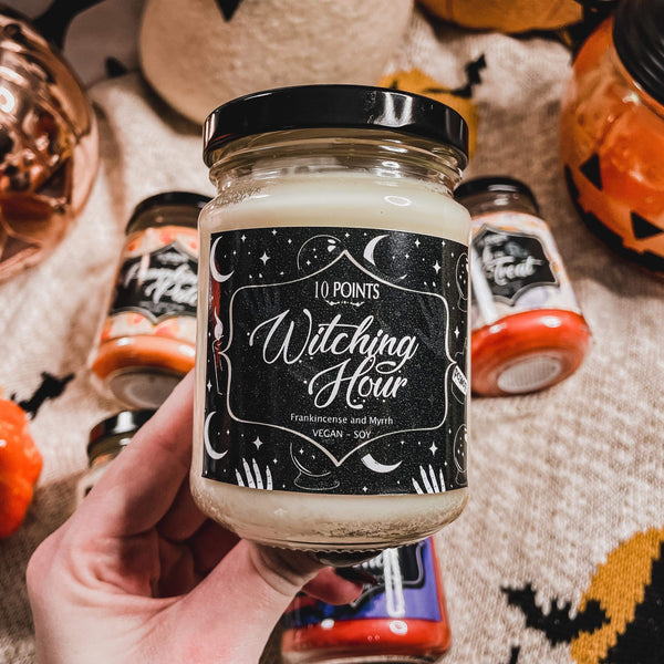 Witching Hour Soy Candle Scent Notes: Frankincense and myrrh